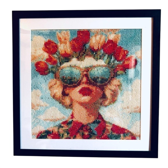 Other - Vibrant Woman with Flowers Diamond Art | 13x13" Frame | Unique Homemade Gift